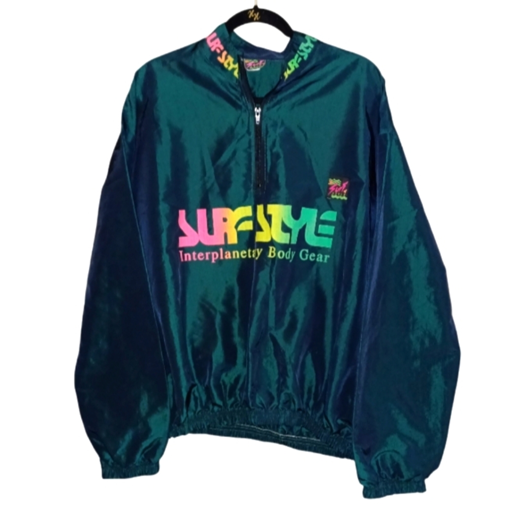 Vintage 90’s Surf Style Iridescent Quarter Zip Windbreaker Green Light Jacket OS